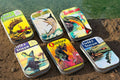 Vintage Fishing Tin with 6 Section Insert– Retro Pocket Tin with Magazine Art