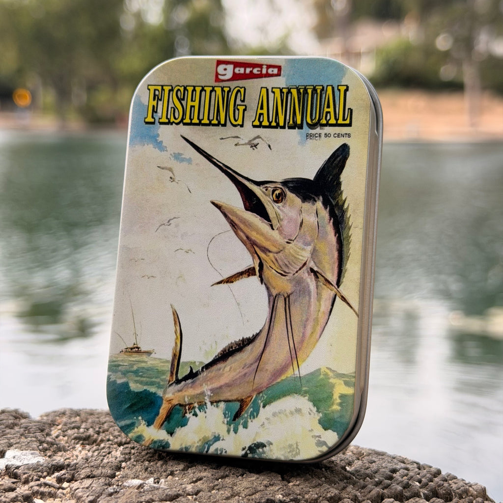 Vintage Fishing Tin with 6 Section Insert– Retro Pocket Tin with Magazine Art