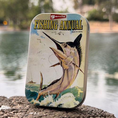 Vintage Fishing Tin with 6 Section Insert– Retro Pocket Tin with Magazine Art